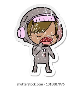 distressed sticker of a cartoon astronaut woman yawning