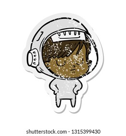 distressed sticker of a cartoon astronaut woman