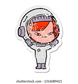distressed sticker of a cartoon astronaut woman