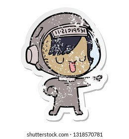 distressed sticker of a cartoon astronaut woman