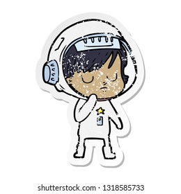 distressed sticker of a cartoon astronaut woman