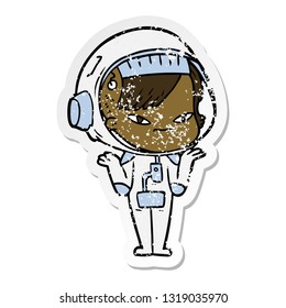 distressed sticker of a cartoon astronaut woman