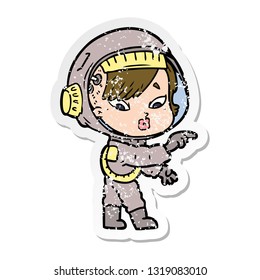 distressed sticker of a cartoon astronaut woman