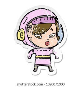 distressed sticker of a cartoon astronaut woman