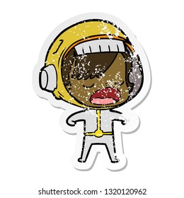 distressed sticker of a cartoon astronaut woman explaining