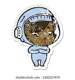 distressed sticker of a cartoon astronaut woman