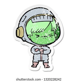 distressed sticker of a cartoon astronaut woman