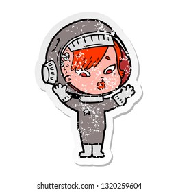 distressed sticker of a cartoon astronaut woman