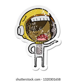 distressed sticker of a cartoon astronaut woman explaining