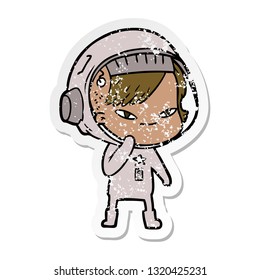 distressed sticker of a cartoon astronaut woman