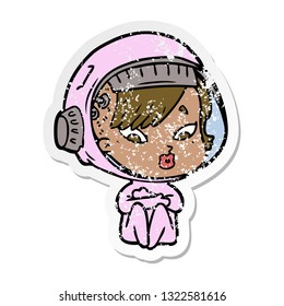 distressed sticker of a cartoon astronaut woman