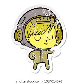 distressed sticker of a cartoon astronaut woman