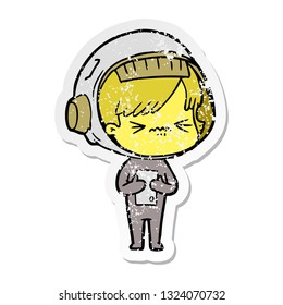 distressed sticker of a cartoon astronaut woman