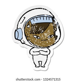 distressed sticker of a cartoon astronaut woman