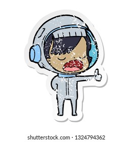 distressed sticker of a cartoon astronaut woman explaining