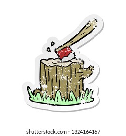 distressed sticker of a cartoon axe in tree stump