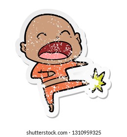 distressed sticker of a cartoon bald man kicking