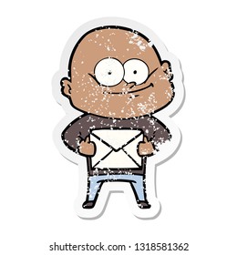 distressed sticker of a cartoon bald man staring with letter