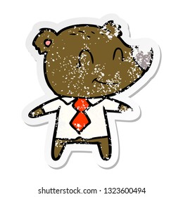 distressed sticker of a cartoon bear in shirt and tie