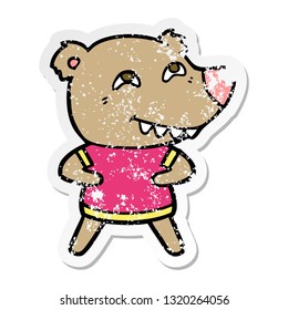 distressed sticker of a cartoon bear showing teeth