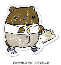 pegatina angustiada de un oso de caricatura vestido de trabajo