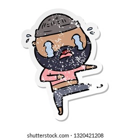distressed sticker of a cartoon bearded dancer crying