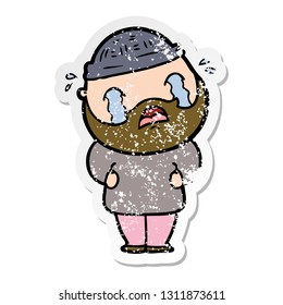 distressed sticker of a cartoon bearded man crying