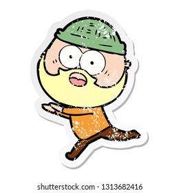 distressed sticker of a cartoon bearded man running away