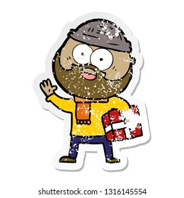 distressed sticker of a cartoon bearded man with present