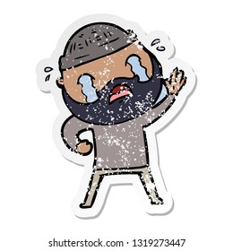 distressed sticker of a cartoon bearded man waving and crying