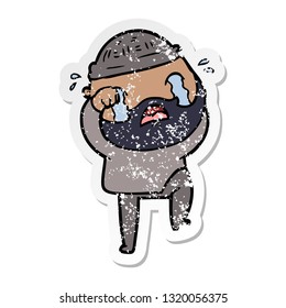 distressed sticker of a cartoon bearded man crying and stamping foot