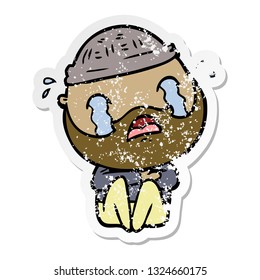 distressed sticker of a cartoon bearded man crying