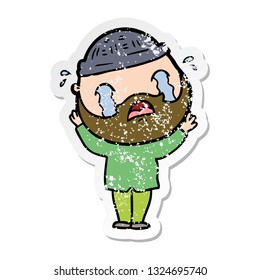 distressed sticker of a cartoon bearded man crying