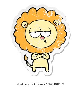 distressed sticker of a cartoon bored lion