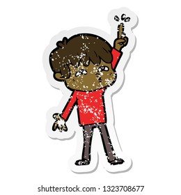 sticker angustiado de un niño de caricatura haciendo preguntas