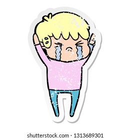 distressed sticker of a cartoon boy crying