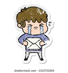 distressed sticker of a cartoon boy crying