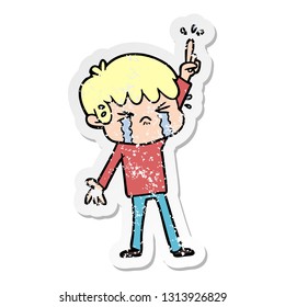 distressed sticker of a cartoon boy crying