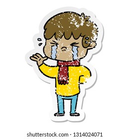 distressed sticker of a cartoon boy crying