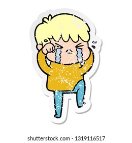 distressed sticker of a cartoon boy crying