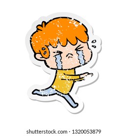 distressed sticker of a cartoon boy crying