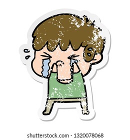 distressed sticker of a cartoon boy crying