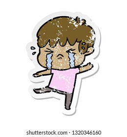 distressed sticker of a cartoon boy crying