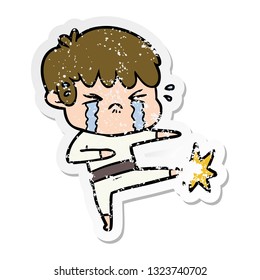 distressed sticker of a cartoon boy crying