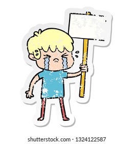 distressed sticker of a cartoon boy crying