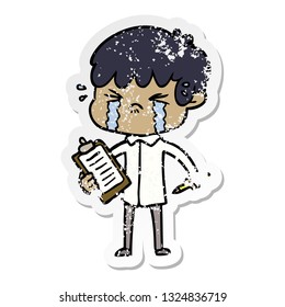 distressed sticker of a cartoon boy crying