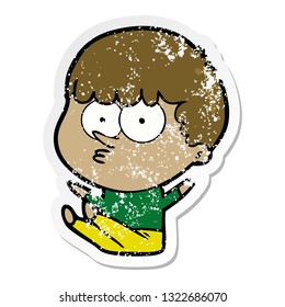 distressed sticker of a cartoon boy sat waiting