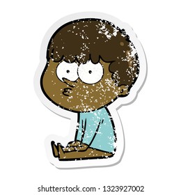 distressed sticker of a cartoon boy sat waiting