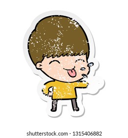 distressed sticker of a cartoon boy sticking out tongue