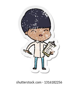 pegatina angustiada de un niño de caricatura tomando notas